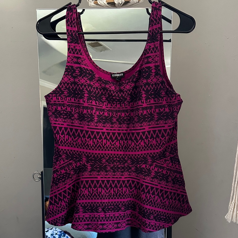 Express Fuchsia and Black Patterned Peplum Tank Top